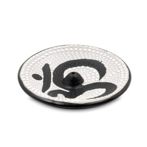Bruciatore tondo decorato "Ohm Bianco e Nero" in terracotta per incensi a bastoncino - immagine 1