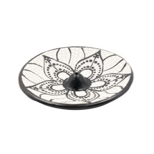 Bruciatore tondo decorato "Loto Bianco e Nero" in terracotta per incensi a bastoncino - immagine 1