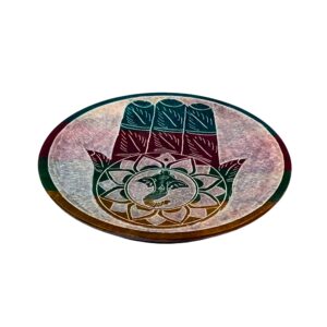 Set di 4 portaincensi tondi in pietra saponaria multicolore - Mano di Fatima con 4 soggetti - immagine 3